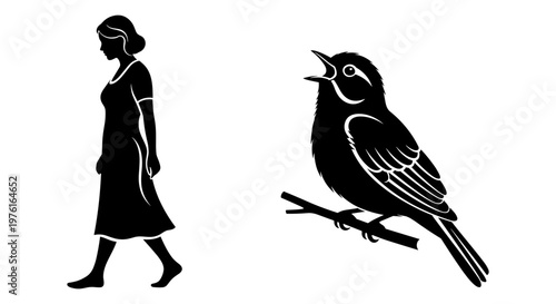 Elegant woman walking alongside a singing bird perched on a branch Vector, illustration