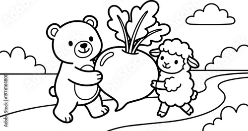 Cute bear and sheep holding huge radish in simple line art style