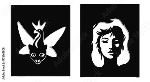 Mystical fusion of mythical creatures and ethereal female portrait in monochrome art Vector, illustration