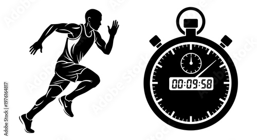 Athlete sprinting with stopwatch displaying time of 00:09:58 Vector, illustration