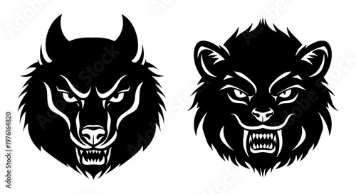 Contrasting fierce illustrations of a wolf and a panther in bold black and white designs Vector, illustration