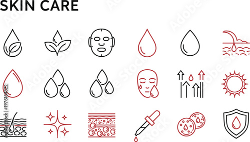 Comprehensive Skincare and Beauty Icon Set Featuring Organic Serum Drops, Facial Masks, Skin Layers, Sun Protection, Pore Treatment, Hair Follicles, and Scientific Lab Pipettes