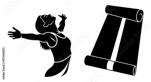 Woman stretching on yoga mat with arms raised in balance pose Vector, illustration