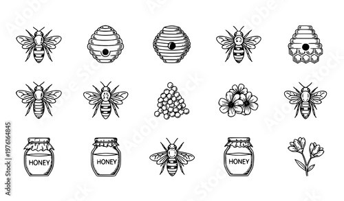 A set of black and white vector illustrations of bees and honey