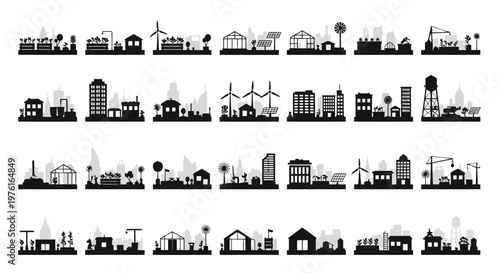 Diverse architectural styles and urban elements depicted in minimalist black and white silhouettes Vector