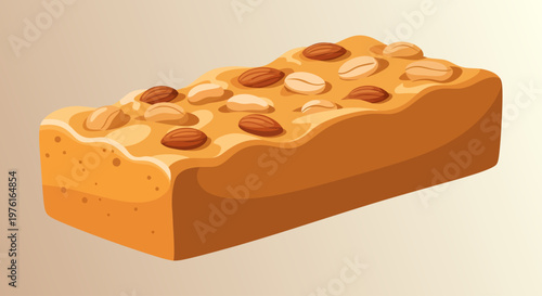 A captivating vector illustration showcases a thick, light brown rectangular nougat bar featuring a wavy top surface generously embedded with smooth tan peanuts and textured, dark brown whole almonds