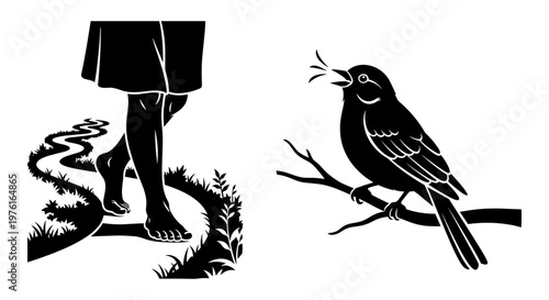 A person stepping on a snake while a bird looks on from a nearby branch Vector, illustration
