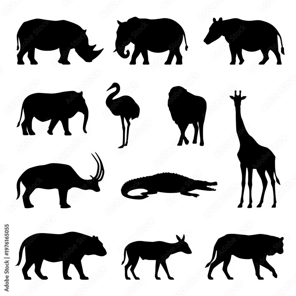 Fototapeta premium Animal silhouette collection set with wildlife icons isolated on white background 