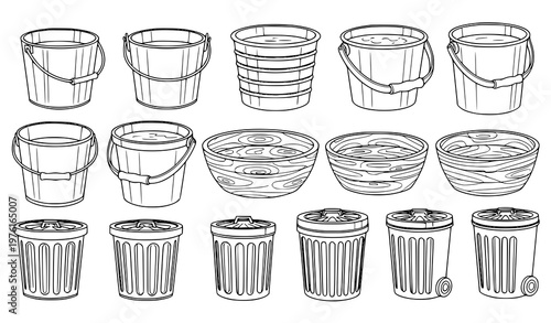 A collection of various buckets and trash cans in a simple line art style