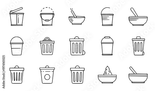A set of minimalist icons depicting various trash cans and bowls with utensils