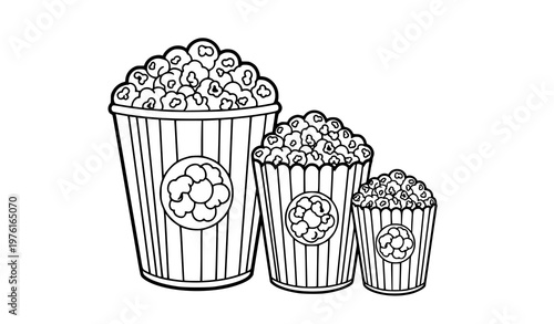 A minimalist line art illustration of three popcorn buckets in different sizes