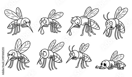 A set of cartoon mosquito illustrations in various angry poses and expressions