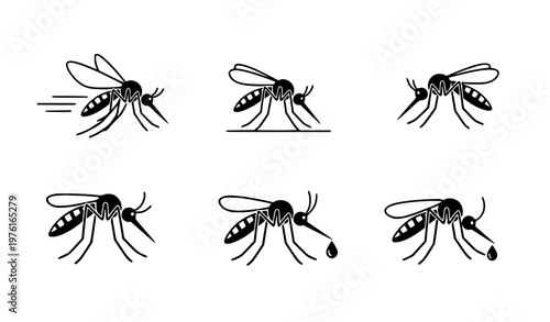 A set of six minimalist mosquito illustrations in various poses and actions