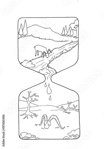 Earth Day hourglass illustration showing a lush landscape turning into a barren desert, symbolizing climate change, global warming, and the urgent time to save our planet.