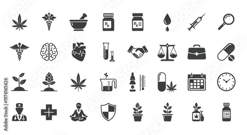 Icons representing cannabis, medicine, healthcare, and legal themes in black and white Vector