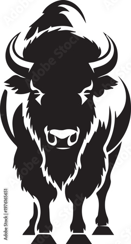 A black and white illustration of a bison