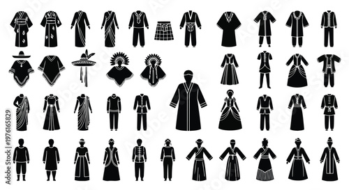 Historical and traditional men's and women's fashion attire through the ages Vector