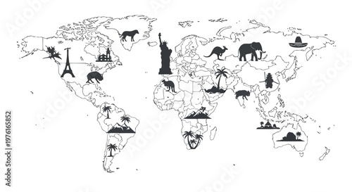 Global icons representing landmarks and wildlife across continents Vector