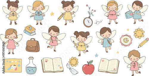 Cartoon illustration of young girls and various school supplies and objects
