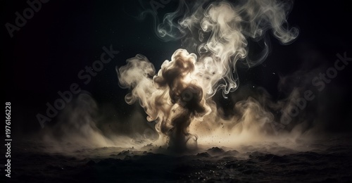 Abstract swirling white smoke explosion against a dark cinematic background