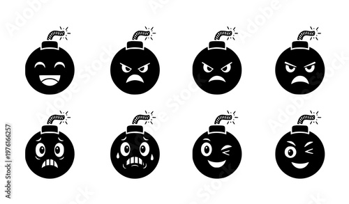 A set of eight black bomb icons with different emotive facial expressions