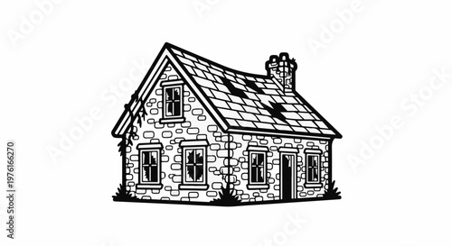 A detailed, black and white illustration of an old stone cottage with a steep roof
