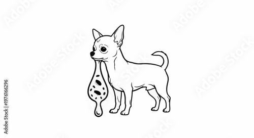 A line drawing of a small dog holding a spotted object with black dots in its mouth