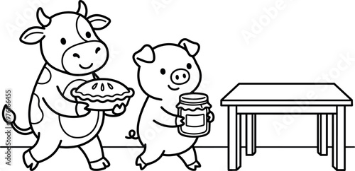Black and white line art cow carrying pie and pig holding jar walking to table