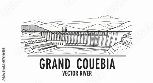 A detailed line art illustration of a large dam with mountains and water in the background