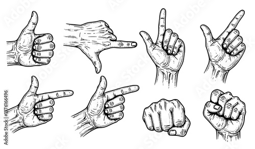 A set of hand gestures illustrated in a minimalist line art style
