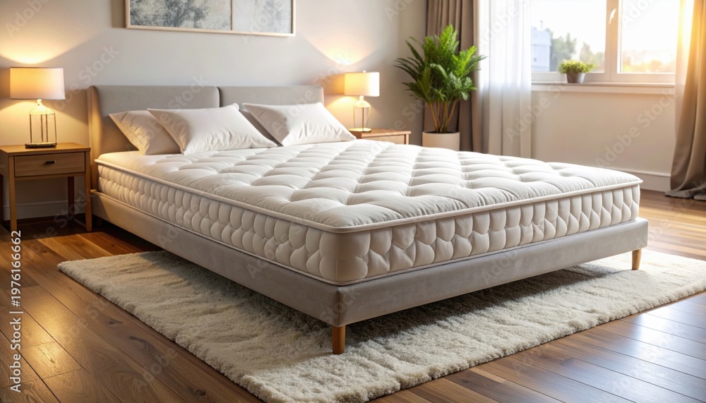 Fototapeta premium Luxurious plush velvet floor mattress on a stylish bed frame in a comfortable bedroom setting