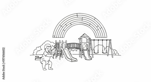 A child plays near a rainbow-topped playground with swings and slides