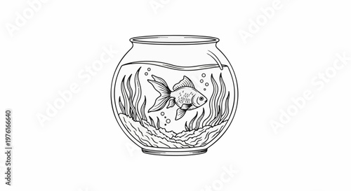 A detailed line drawing of a goldfish in a clear bowl with plants and bubbles