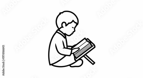 A child sits cross-legged, engrossed in reading a book on a stand