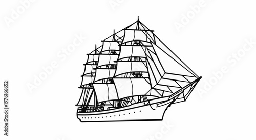 A detailed line drawing of a large, multi-masted sailing ship with many sails unfurled