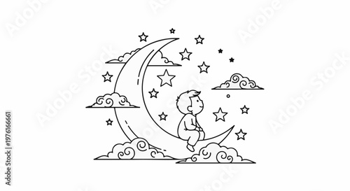 A child sits on a crescent moon surrounded by stars and clouds