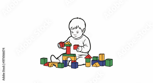 A child sits on a white background playing with colorful blocks