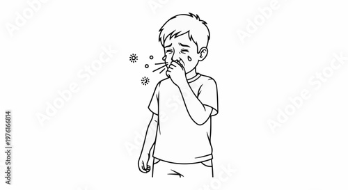 A child with a shirt and pants is sneezing with tears in their eyes