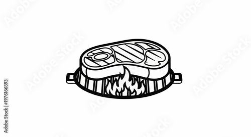 A grilled steak with grill marks cooks over flames on a round grill