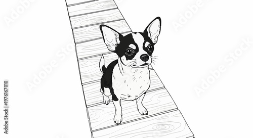 A black and white chihuahua sits on a wooden ramp, looking upwards