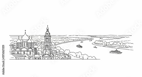 A city skyline with domed buildings and a river with boats