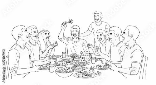 A group of friends laugh heartily around a table laden with food, celebrating