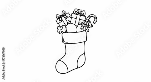 A black and white drawing of a Christmas stocking overflowing with gifts and toys