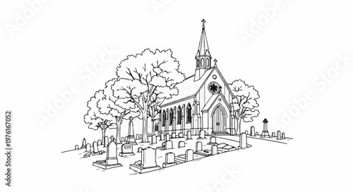 A classic church sits amidst a serene graveyard with mature trees