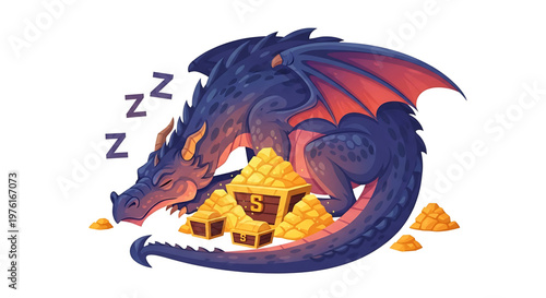 A cartoon dragon sleeping peacefully on a pile of gold coins and treasure chests