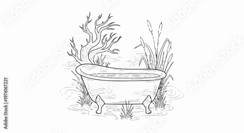 A clawfoot bathtub filled with water sits amidst marsh reeds and a bare tree