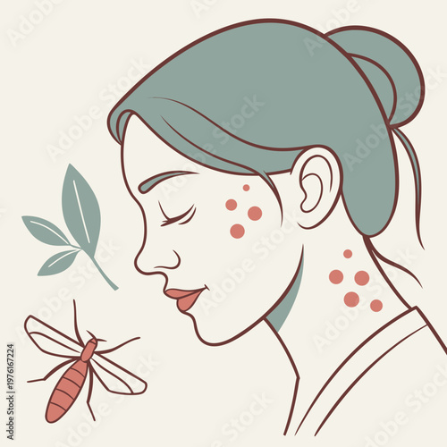 Woman with itchy mosquito bites flat vector illustration, mosquito, leaves, mosquito bite, allergy, skin problem.