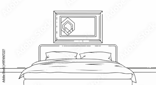 A clean outline drawing of a made bed with two pillows and a framed picture above