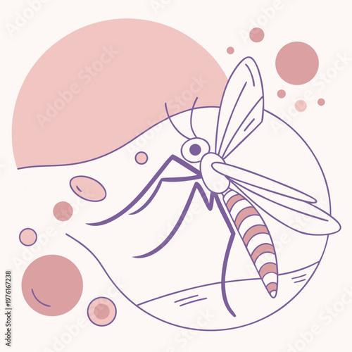Simple mosquito vector graphic with abstract liquid wave background and circular elements in soft purple and pink tones for healthcare messaging.