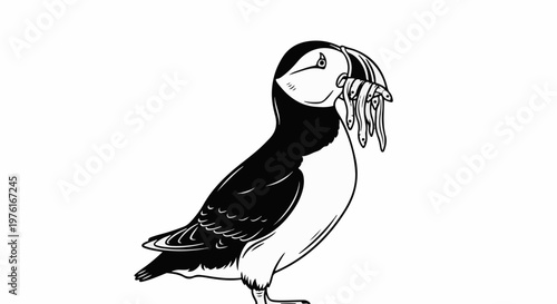 A black and white drawing of a puffin with fish in its beak